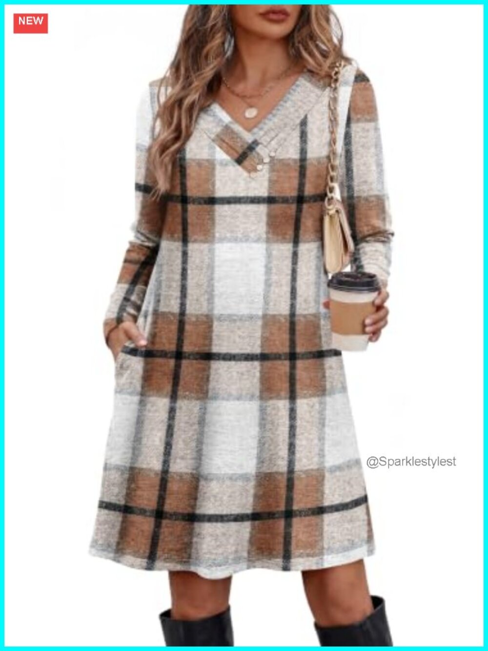 OFEEFAN Long Sleeve Tunic Dress Button V Neck Fall Casual Dress